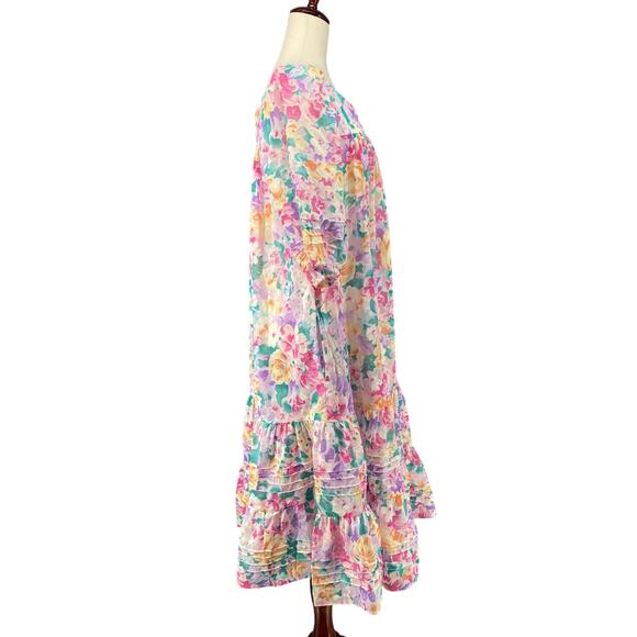 Vtg 80s 90s Two Potato Granny Pastel Floral Midi Tiered Muumuu Dress M Sheer - Picture 2 of 16